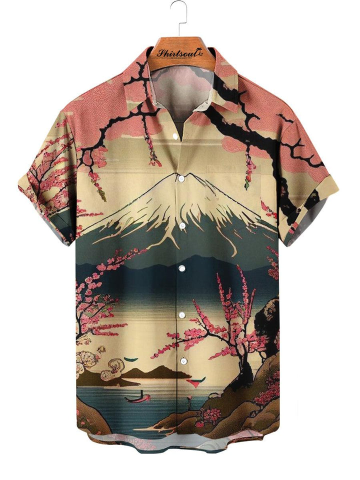 Pink Fuji Mountain Hawaiian Short Sleeve Shirt Front