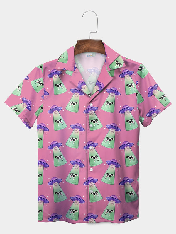 Pink Funny Cow Alien Abduction Space Pink Green Vibrant Hawaiian Shirt