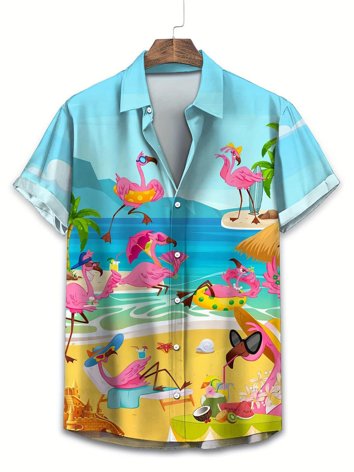 Playful Flamingo Beach Party Short Sleeve Hawaiian Shirt  Front