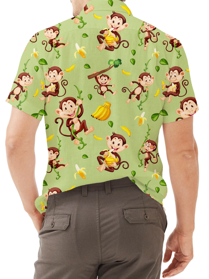 Playful Monkey And Banana Tropical Print Short Sleeve Hawaiian Shirt  Back