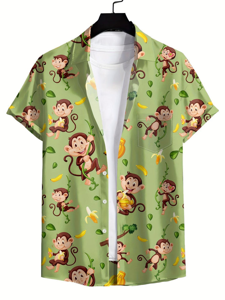 Playful Monkey And Banana Tropical Print Short Sleeve Hawaiian Shirt  Front