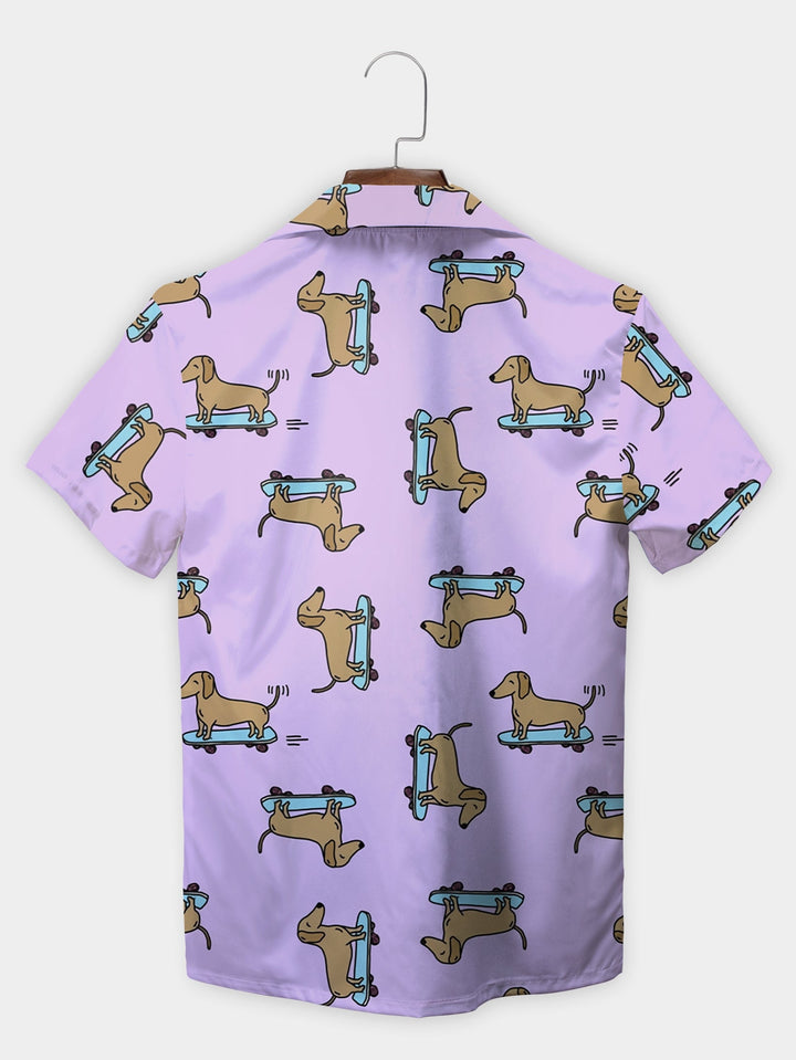 Playful Purple Dachshund On Skateboards Short Sleeve Hawaiian Shirt  Back