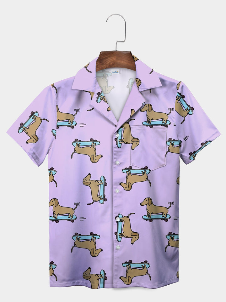 Playful Purple Dachshund On Skateboards Short Sleeve Hawaiian Shirt  Front