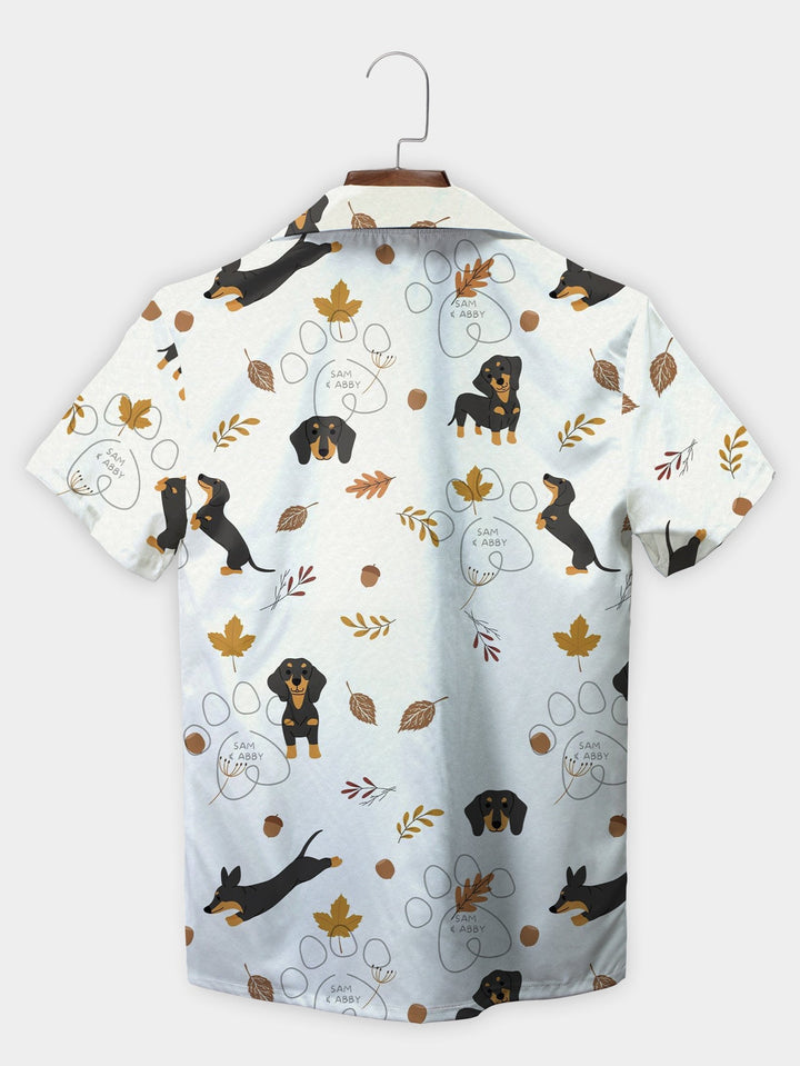 Playful White Dachshunds Autumn Leaves Short Sleeve Hawaiian Shirt  Back