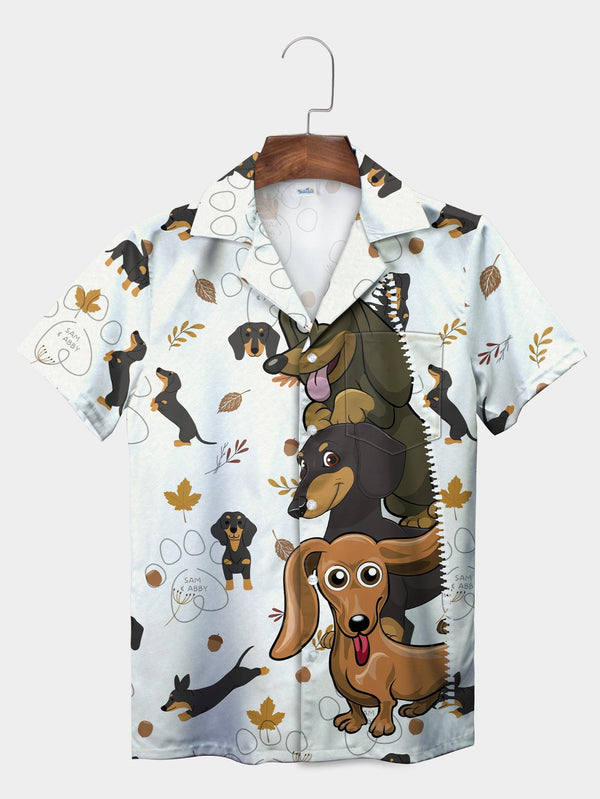 Playful White Dachshunds Autumn Leaves Short Sleeve Hawaiian Shirt  Front