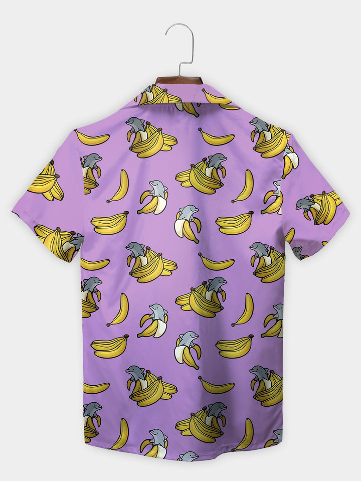 Playful Yellow Bananas Dolphins Short Sleeve Hawaiian Shirt  Back