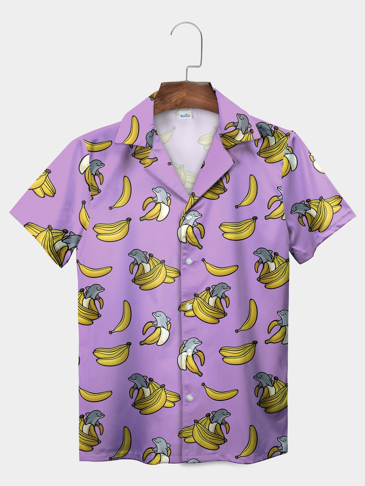 Playful Yellow Bananas Dolphins Short Sleeve Hawaiian Shirt  Front