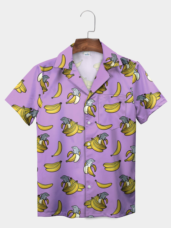 Playful Yellow Bananas Dolphins Short Sleeve Hawaiian Shirt  Pocket