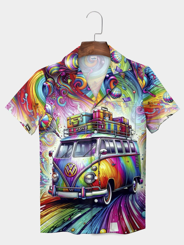 Psychedelic Blue Van Art Festival Vibes Short Sleeve Hawaiian Shirt  Front