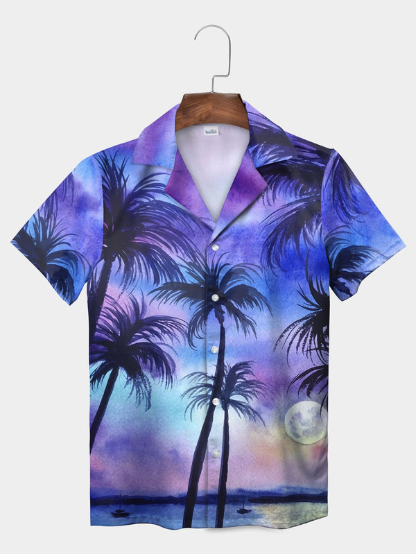 Purple Moonlit Coconut Trees Tropical Night Scene Ocean View Hawaiian Shirt