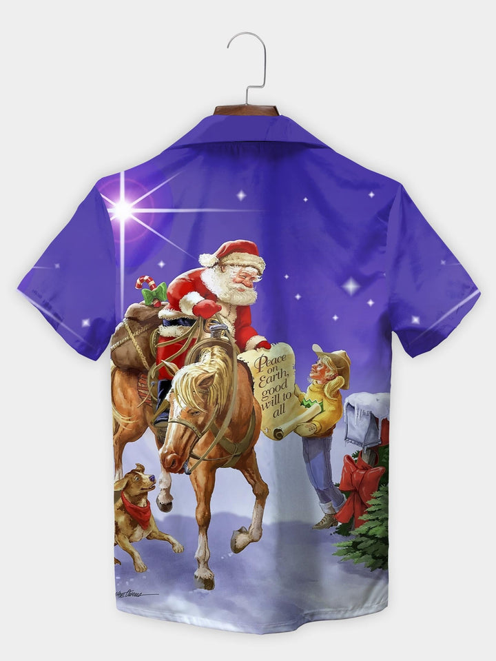 Purple Santa Horseback Western Peaceful Short Sleeve Aloha Shirt  Back