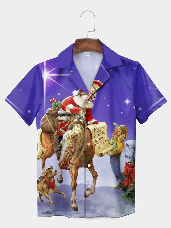 Purple Santa Horseback Western Peaceful Short Sleeve Aloha Shirt  Front