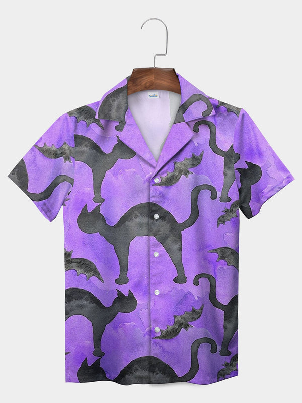 Purple Spooky Cat & Bat Silhouette Hawaiian Shirt