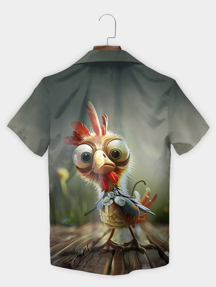 Quirky Gray Funny Rooster Big Eyes Adorable Farm Short Sleeve Hawaiian Shirt  Back