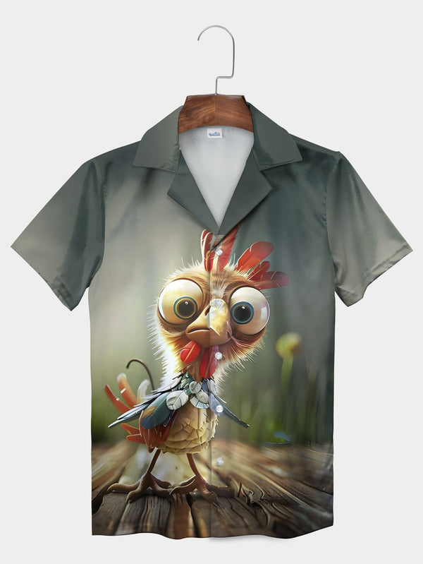 Quirky Gray Funny Rooster Big Eyes Adorable Farm Short Sleeve Hawaiian Shirt  Front