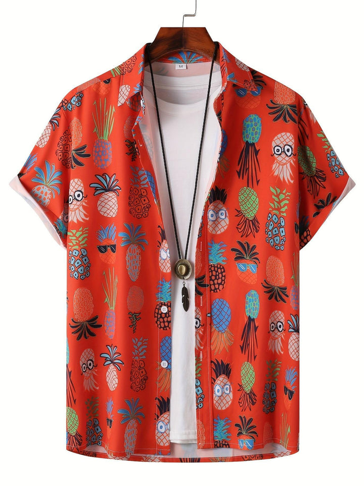 Quirky Pineapple Faces Print Short Sleeve Hawaiian Shirt  Front