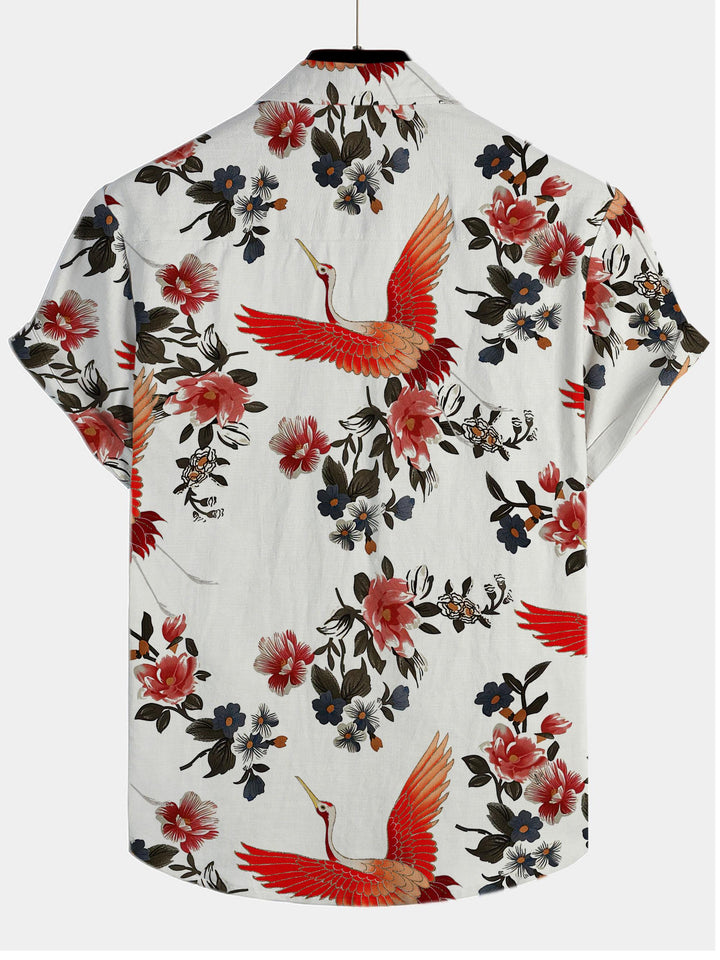 Red and White Asian Floral Bird Display Hawaiian Short Sleeve Shirt  Back