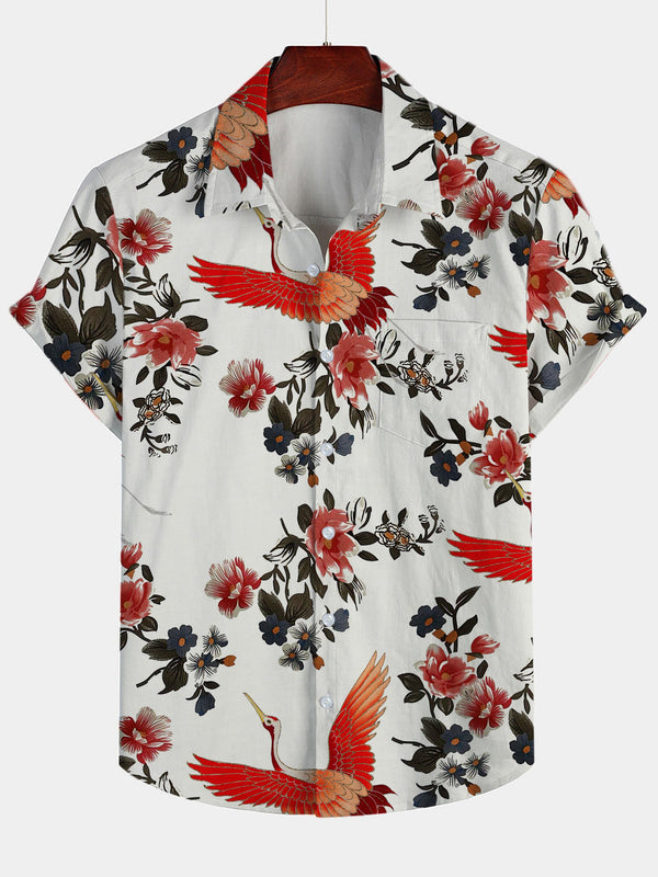 Red and White Asian Floral Bird Display Hawaiian Short Sleeve Shirt  Front