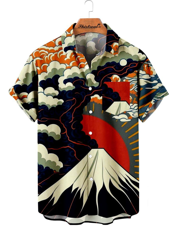 Red Black Fuji Hawaiian Short Sleeve Shirt Front