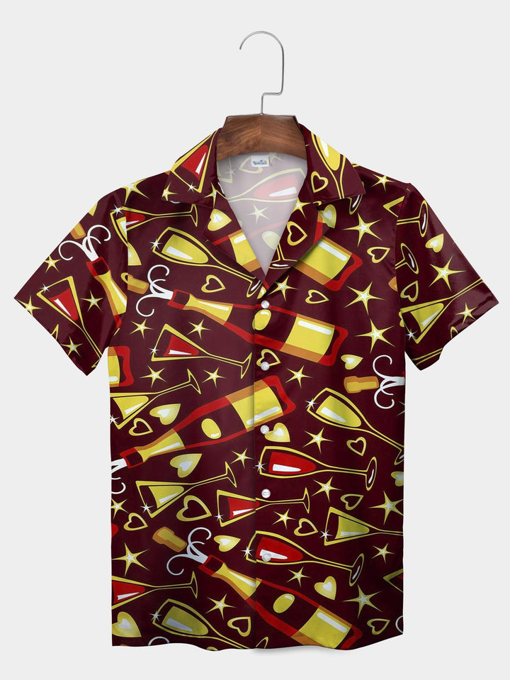 Red Champagne Bottle Cocktail Party Short Sleeve Aloha Shirt  Front