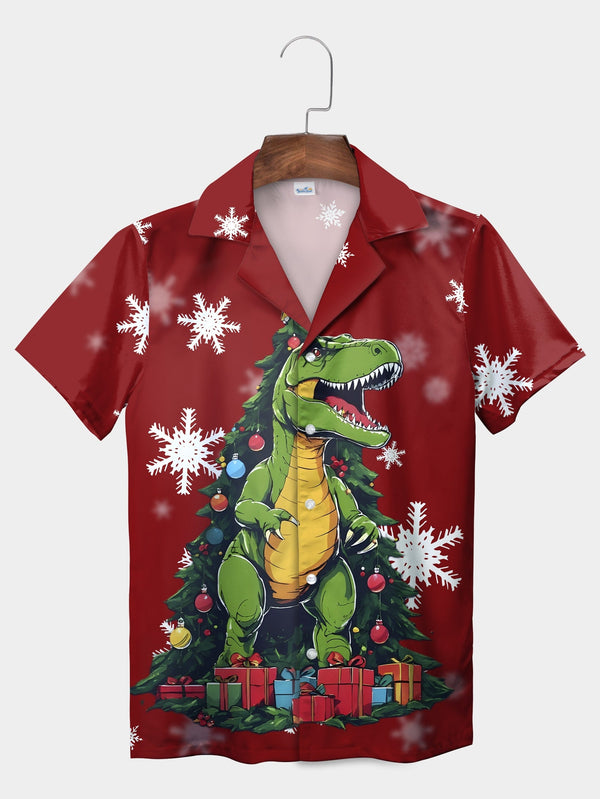 Red Dinosaur Christmas Tree Snowflake Gifts Short Sleeve Hawaiian Shirt  Front