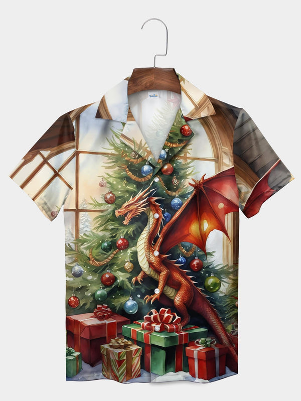 Red Dragon Christmas Tree Ornaments Fantasy Short Sleeve Aloha Shirt  Front