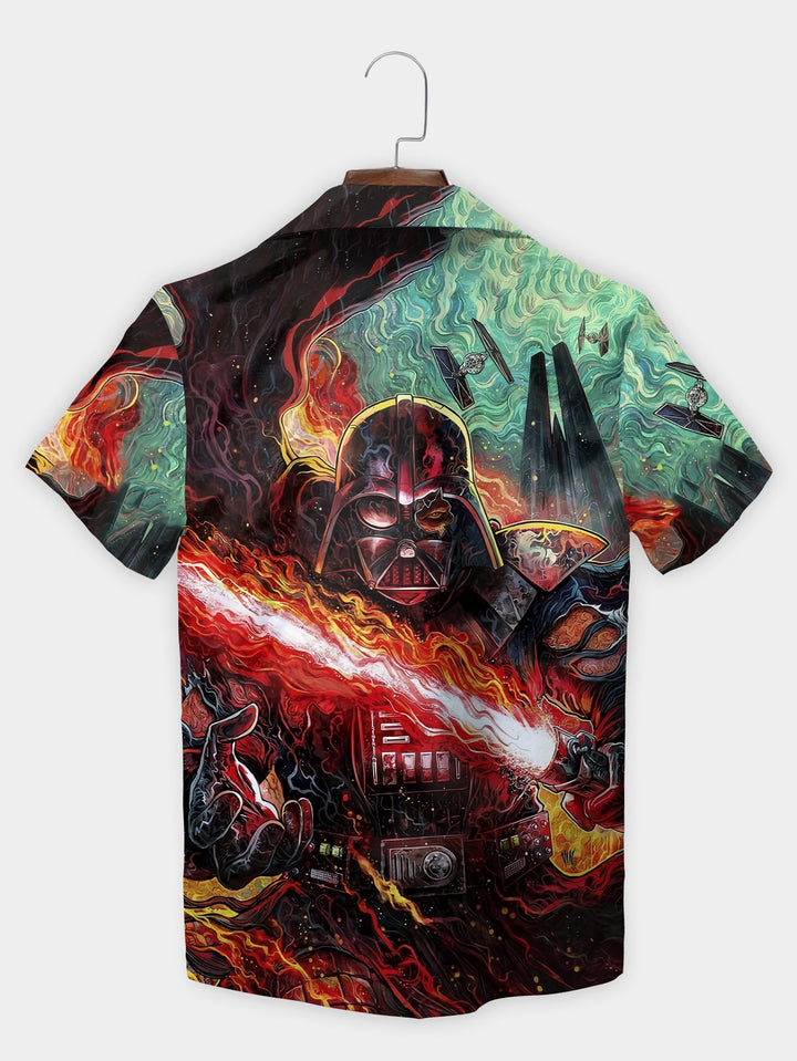 Red Fiery Galactic Space Warrior Battle Short Sleeve Hawaiian Shirt  Back