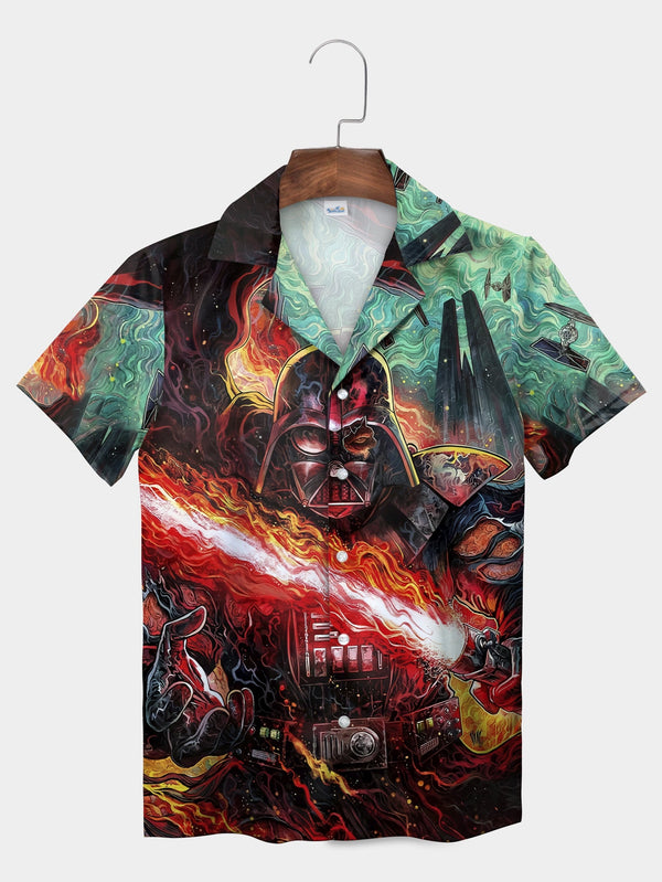 Red Fiery Galactic Space Warrior Battle Short Sleeve Hawaiian Shirt  Front