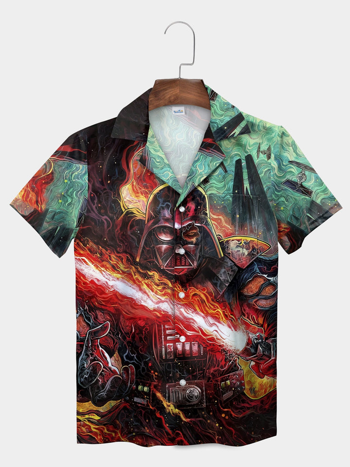 Red Fiery Galactic Space Warrior Battle Short Sleeve Hawaiian Shirt  Pocket