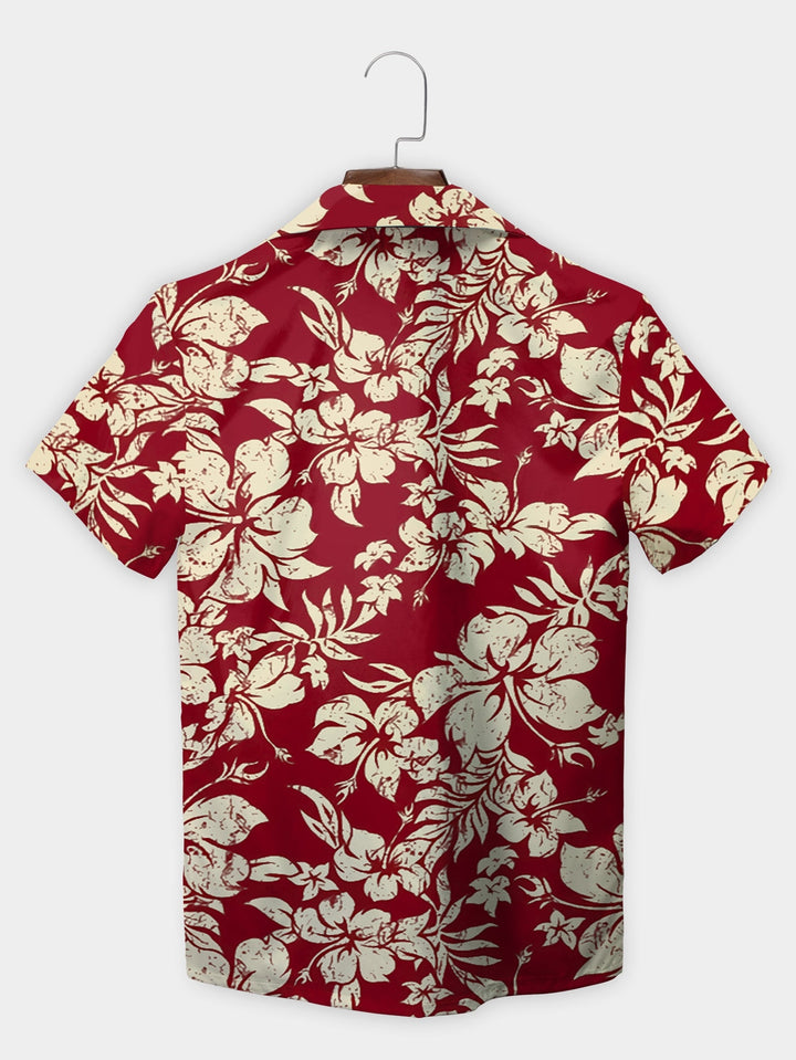 Red Floral Hibiscus Pattern Classic Style Short Sleeve Hawaiian Shirt  Back