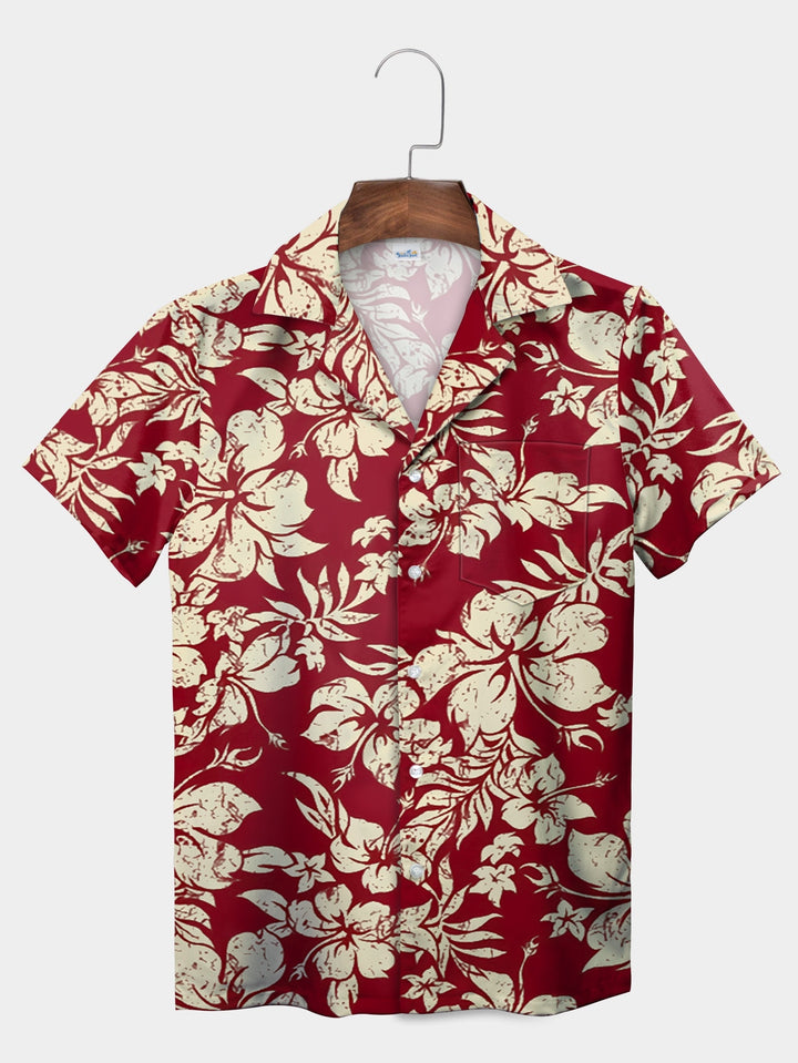 Red Floral Hibiscus Pattern Classic Style Short Sleeve Hawaiian Shirt  Front