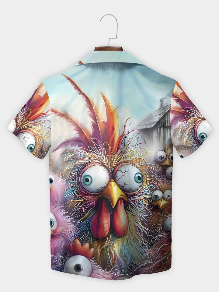 Red Funny Rooster Crazy Eyes Hilarious Farm Short Sleeve Hawaiian Shirt  Back