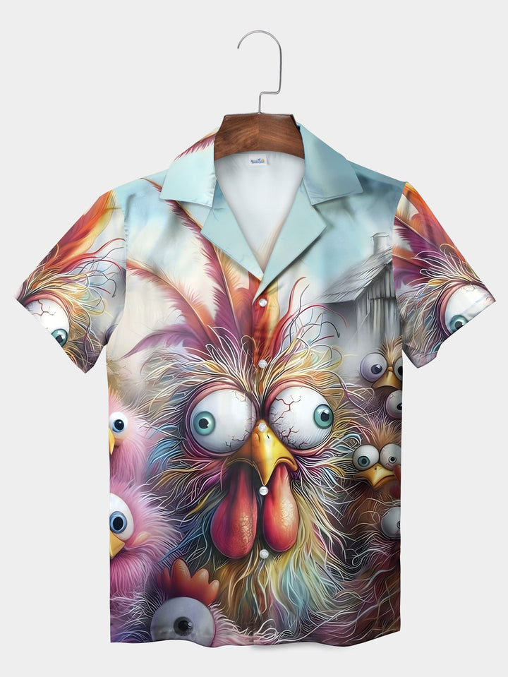 Red Funny Rooster Crazy Eyes Hilarious Farm Short Sleeve Hawaiian Shirt  Front