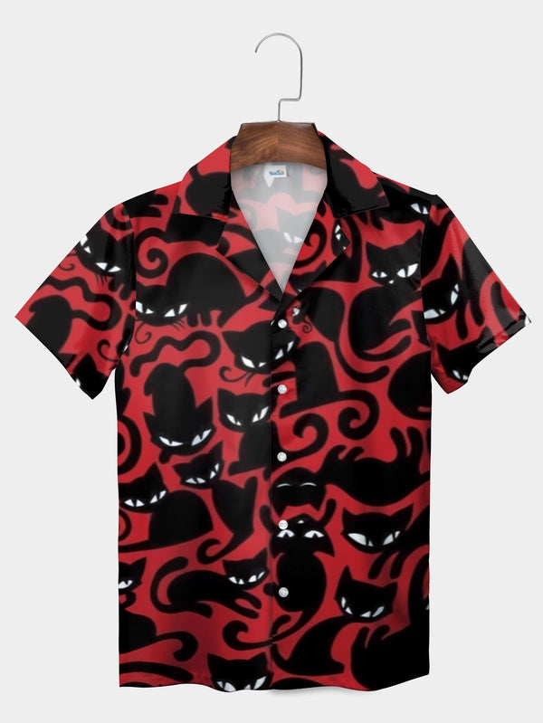 Red Halloween Cat Silhouette Pattern Short Sleeve Aloha Shirt  Front