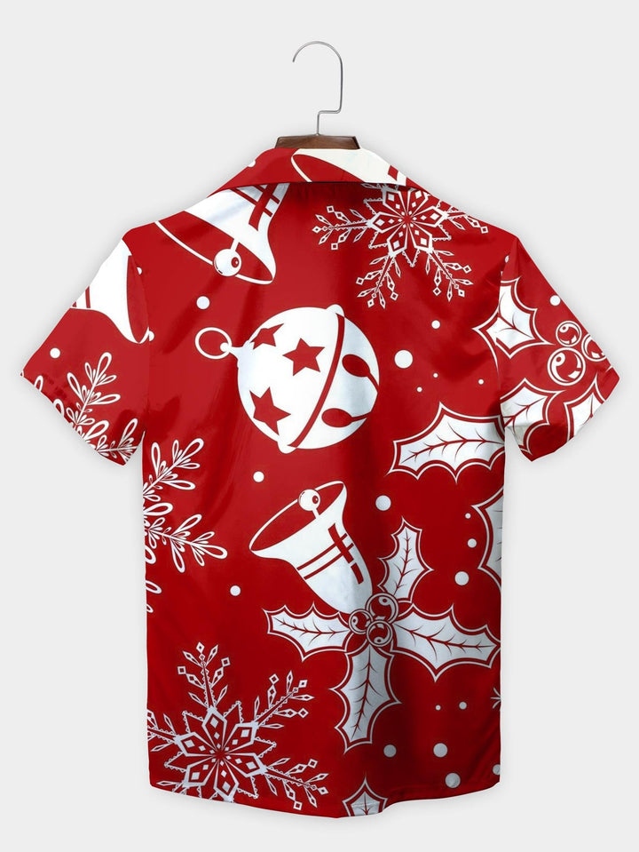 Red Holly Bells Snowflakes Ornaments Christmas Short Sleeve Aloha Shirt  Back