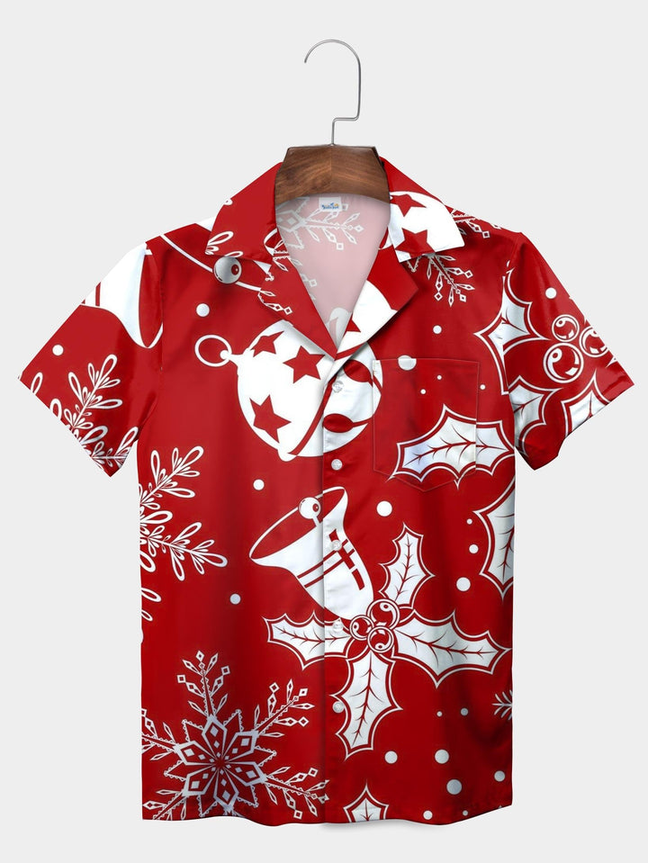 Red Holly Bells Snowflakes Ornaments Christmas Short Sleeve Aloha Shirt  Pocket