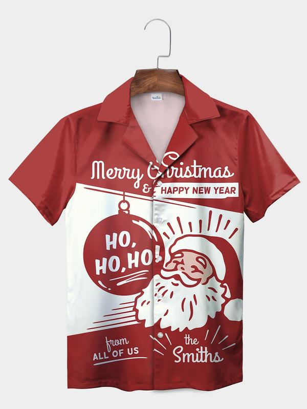 Red Merry Christmas Ho Ho Ho Santa Greeting Short Sleeve Aloha Shirt  Front