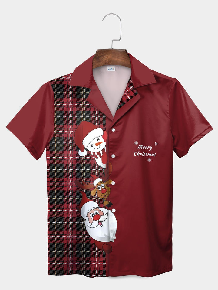 Red Merry Christmas Santa Snowman Reindeer Short Sleeve Aloha Shirt  Front