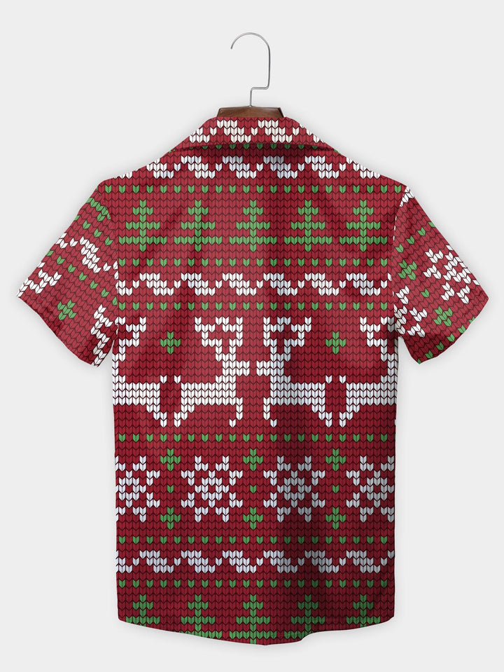 Red Reindeer Christmas Knit Pattern Short Sleeve Aloha Shirt  Back