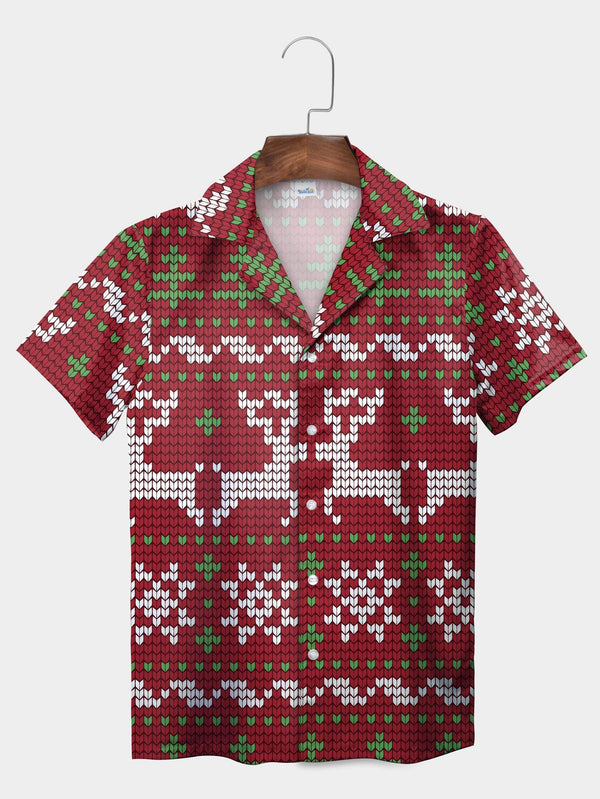 Red Reindeer Christmas Knit Pattern Short Sleeve Aloha Shirt  Front