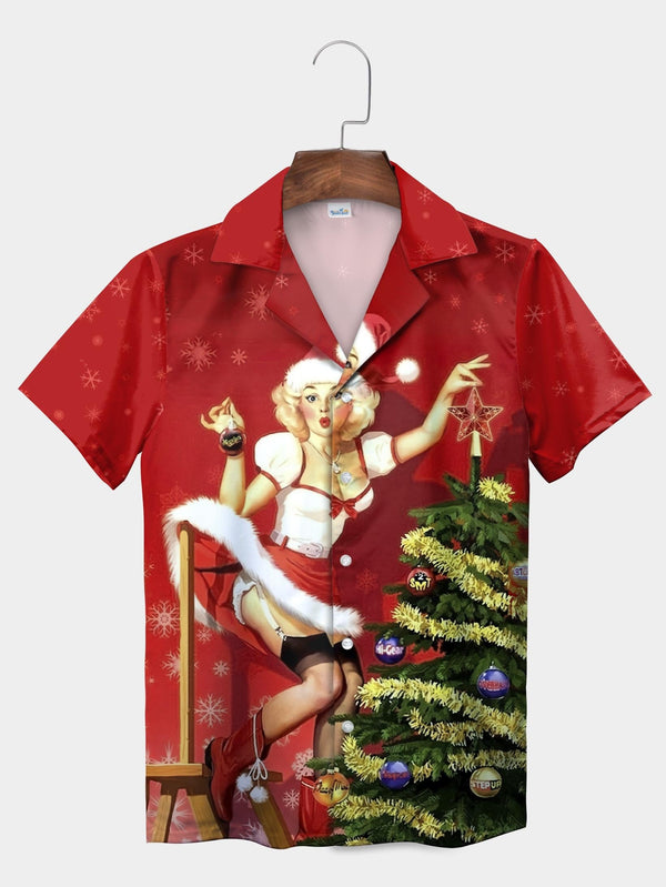 Red Retro Glamour Santa Helper Ornament Tree Short Sleeve Aloha Shirt  Front