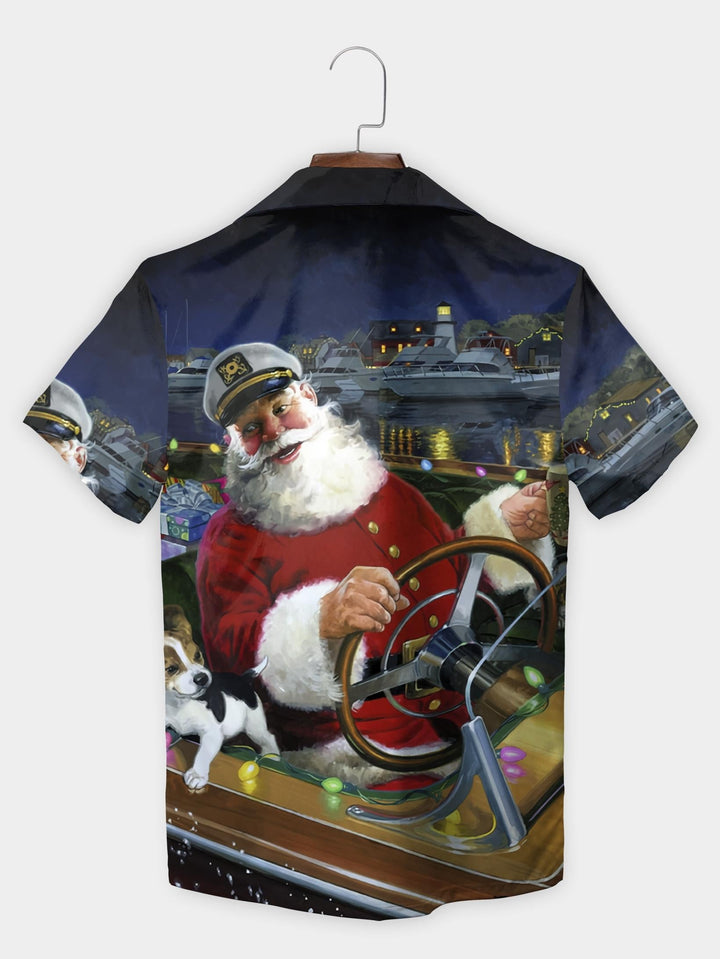 Red Santa Claus Boat Steering Christmas Short Sleeve Aloha Shirt  Back