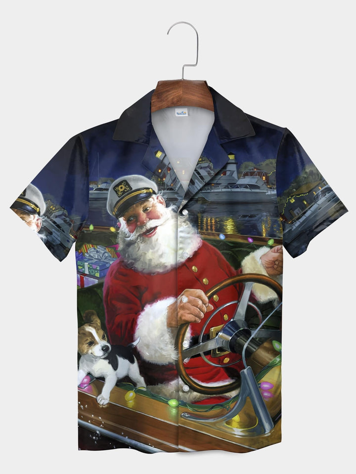 Red Santa Claus Boat Steering Christmas Short Sleeve Aloha Shirt  Front