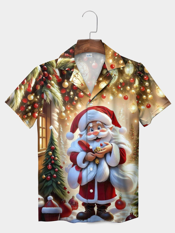 Red Santa Claus Christmas Ornaments Tree Short Sleeve Aloha Shirt  Front