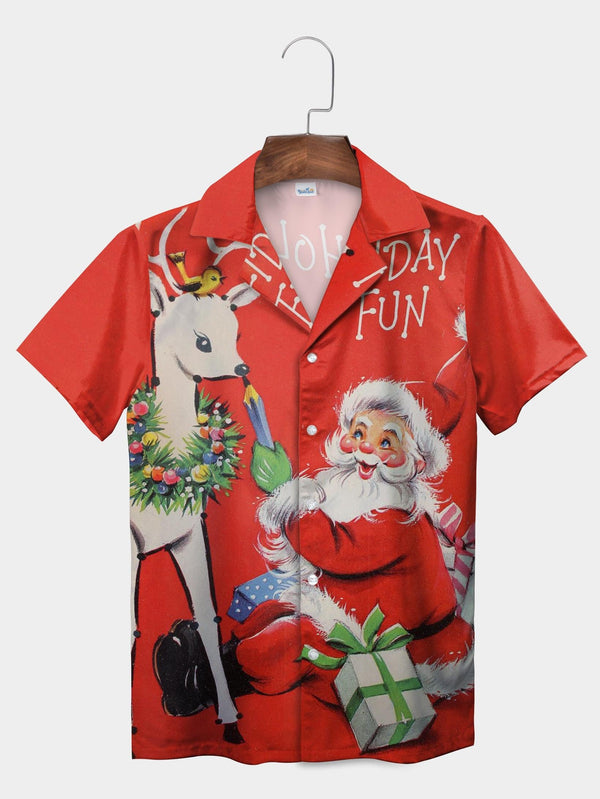 Red Santa Claus Reindeer Presents Cheerful Short Sleeve Aloha Shirt  Front