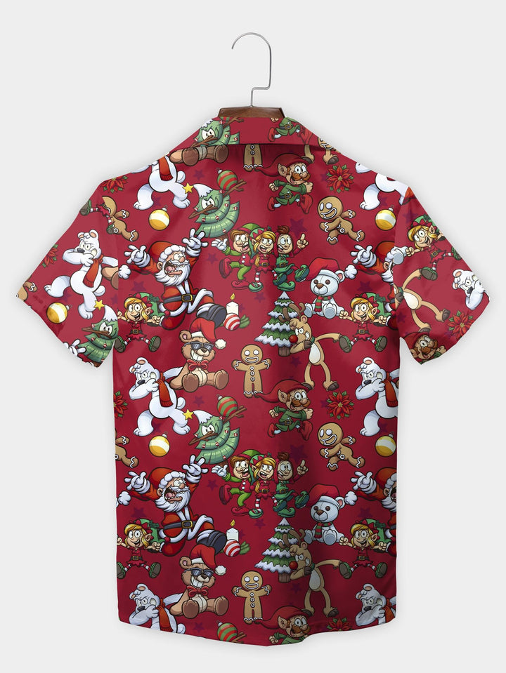 Red Santa Elves Gingerbread Holiday Pattern Short Sleeve Aloha Shirt  Back