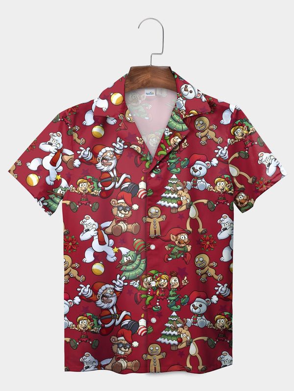 Red Santa Elves Gingerbread Holiday Pattern Short Sleeve Aloha Shirt  Front