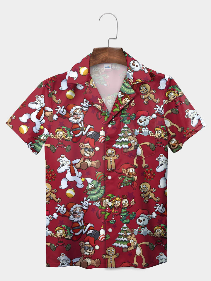 Red Santa Elves Gingerbread Holiday Pattern Short Sleeve Aloha Shirt  Pocket