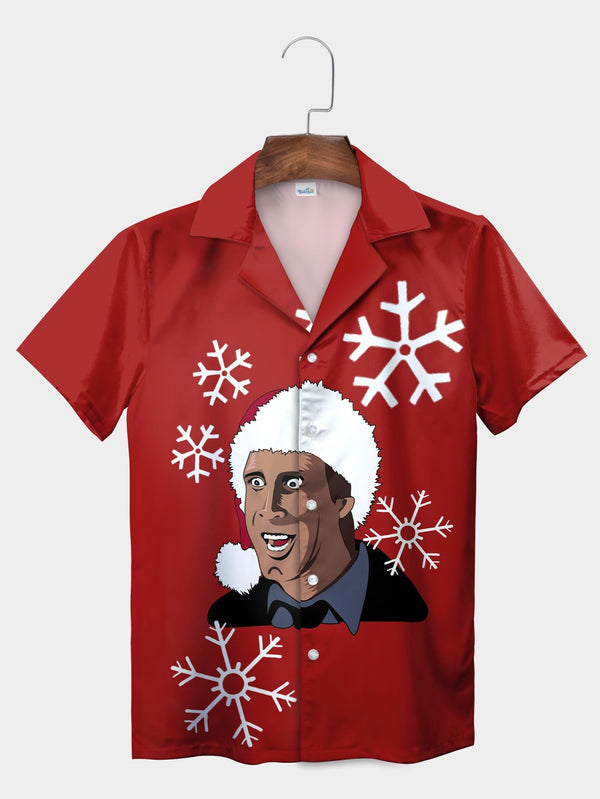 Red Santa Face Snowflake Graphic Humorous Short Sleeve Aloha Shirt  Front