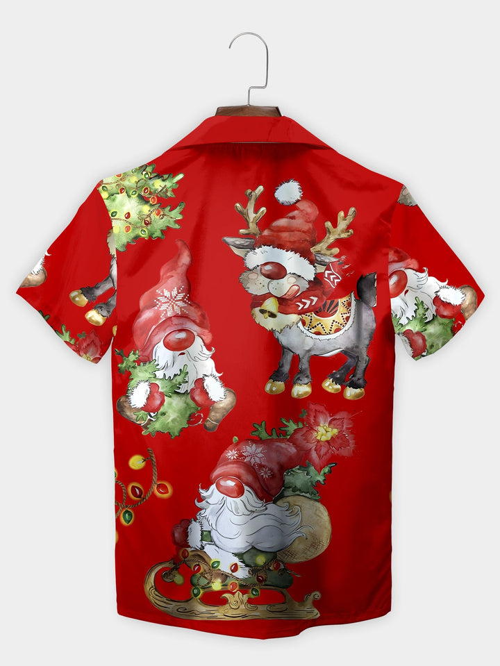 Red Santa Gnomes Reindeer Holiday Cartoon Short Sleeve Hawaiian Shirt  Back